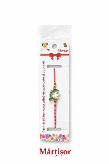 Set 12 bratari martisor cu simbol ghiocel si snur rosu alb, ambalate individual