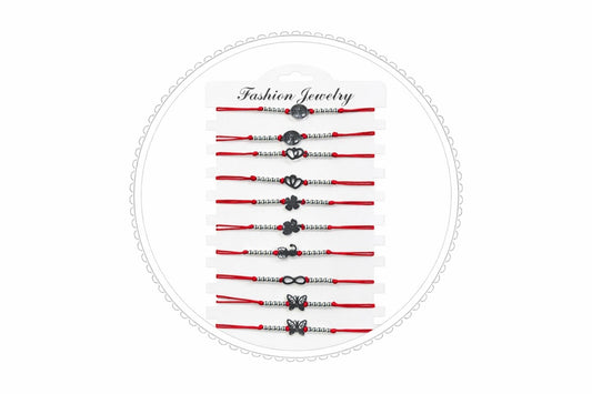 Set 12 Bratari Martisor cu Simboluri Norocoase din Inox, Snur Rosu Reglabil, 20x11 cm