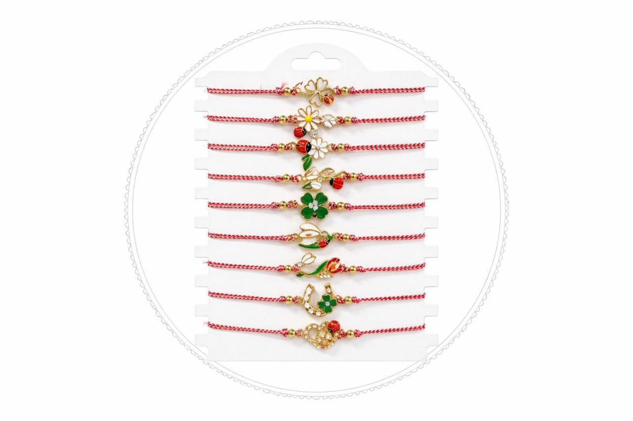 Set 12 Bratari Martisor cu Simboluri Primavara Aurii, Snur Rosu Reglabil, 20x11 cm