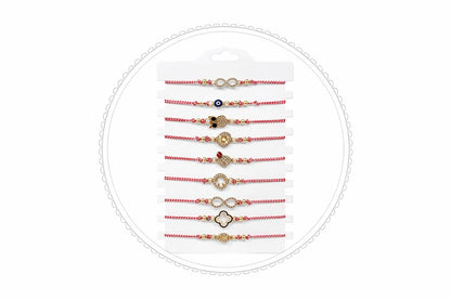 Set 12 Bratari Martisor cu Simboluri Protectie Aurii, Snur Rosu Reglabil, 20x11 cm