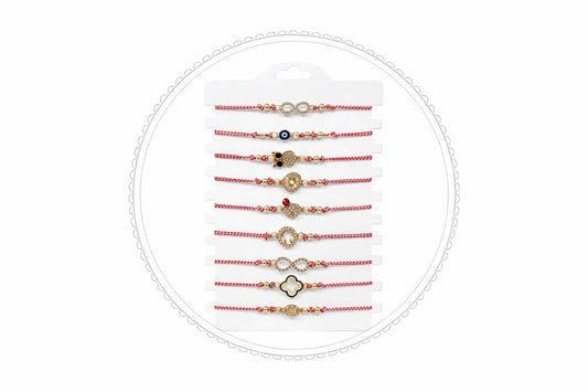 Set 12 Bratari Martisor cu Simboluri Protectie Aurii, Snur Rosu Reglabil, 20x11 cm