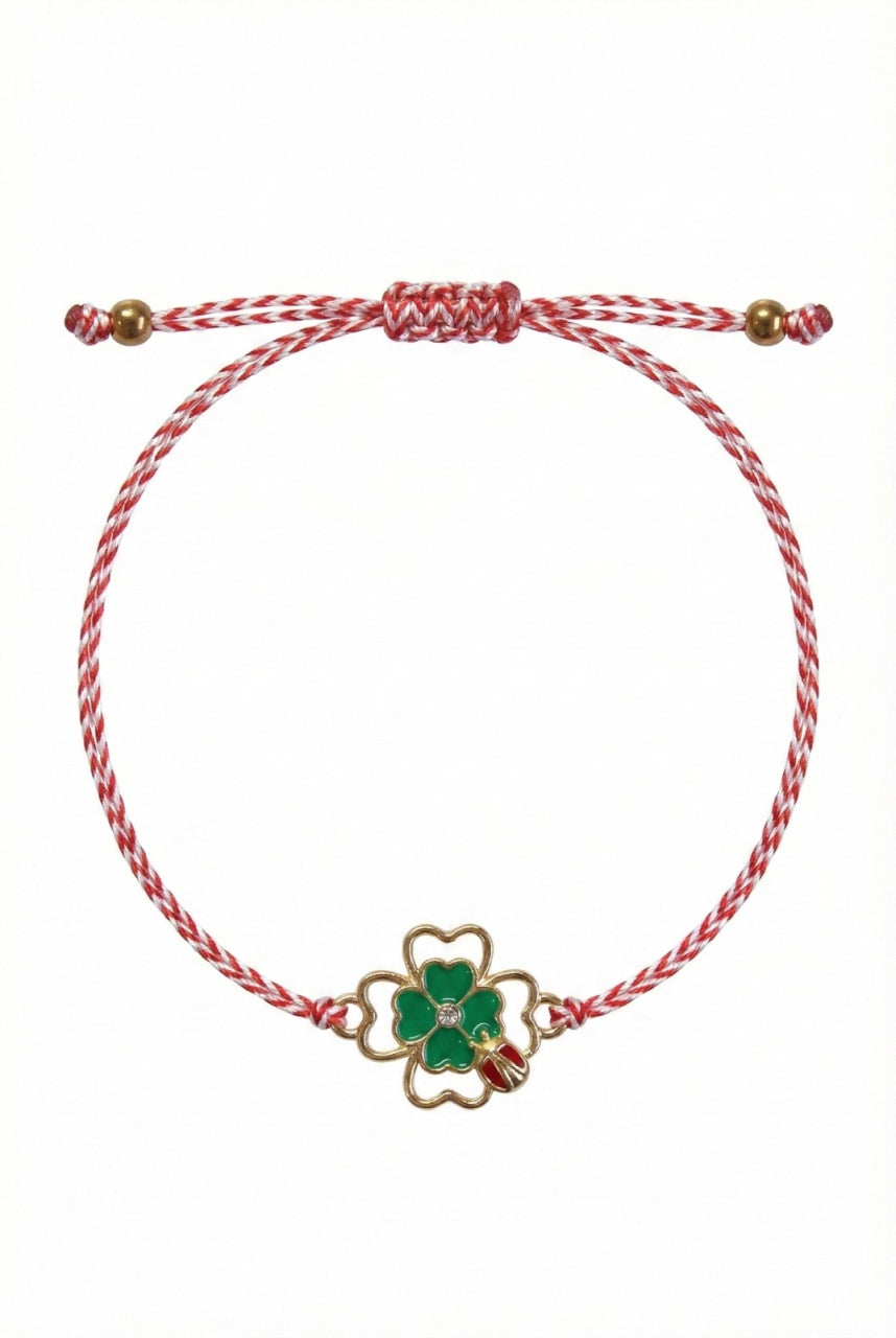 Set 12 bratari martisor cu trifoi norocos si buburuza, snur rosu alb, ambalate individual