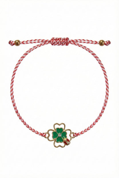 Set 12 bratari martisor cu trifoi norocos si buburuza, snur rosu alb, ambalate individual