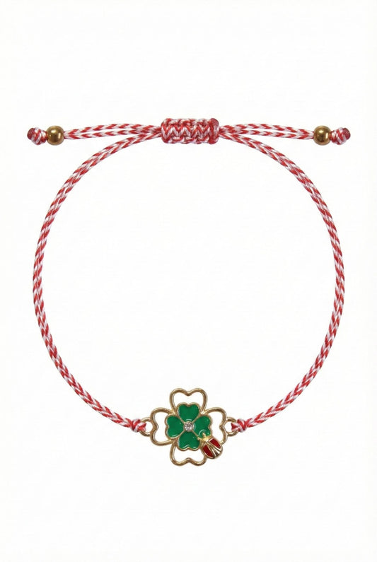 Set 12 bratari martisor cu trifoi norocos si buburuza, snur rosu alb, ambalate individual