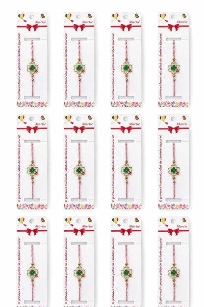 Set 12 bratari martisor cu trifoi norocos si buburuza, snur rosu alb, ambalate individual