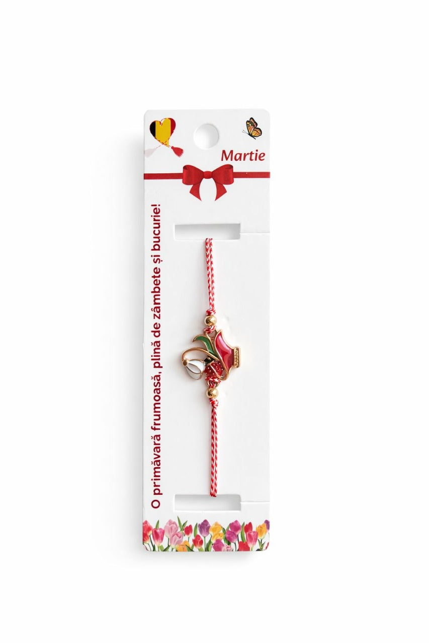 Set 12 bratari martisor cu vaza rosie, ghiocel si buburuza, snur reglabil rosu-alb