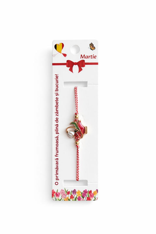 Set 12 bratari martisor cu vaza rosie, ghiocel si buburuza, snur reglabil rosu-alb