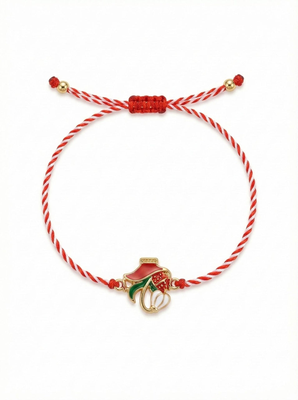 Set 12 bratari martisor cu vaza rosie, ghiocel si buburuza, snur reglabil rosu-alb