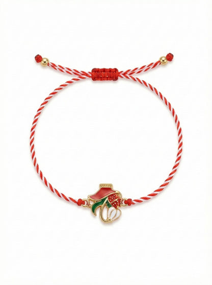 Set 12 bratari martisor cu vaza rosie, ghiocel si buburuza, snur reglabil rosu-alb