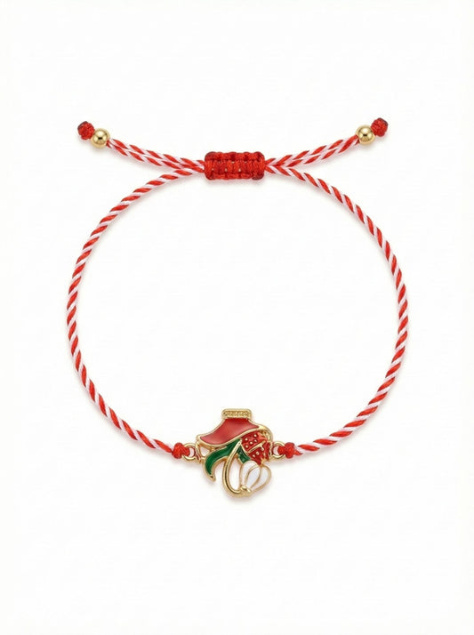 Set 12 bratari martisor cu vaza rosie, ghiocel si buburuza, snur reglabil rosu-alb