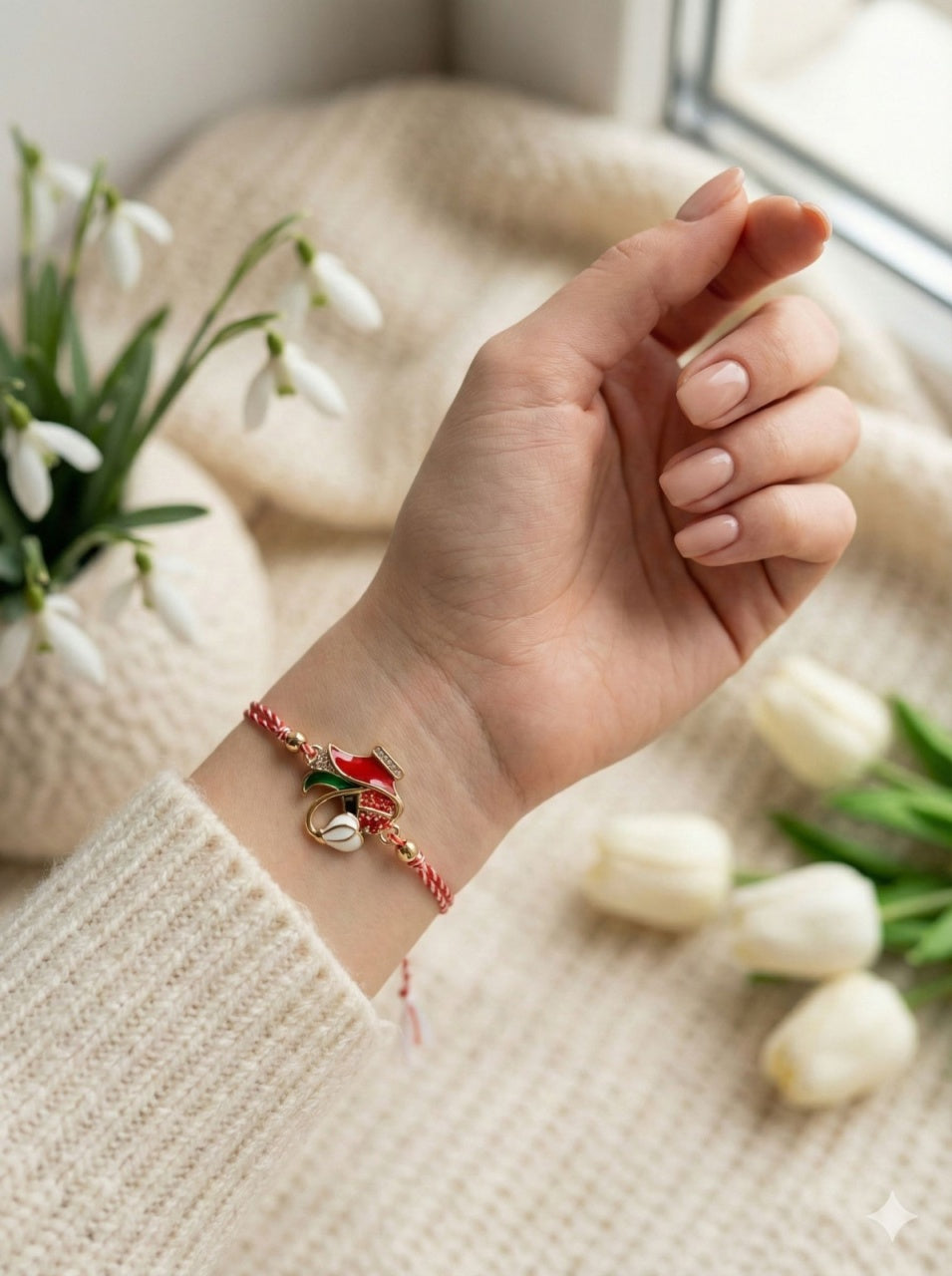 Set 12 bratari martisor cu vaza rosie, ghiocel si buburuza, snur reglabil rosu-alb