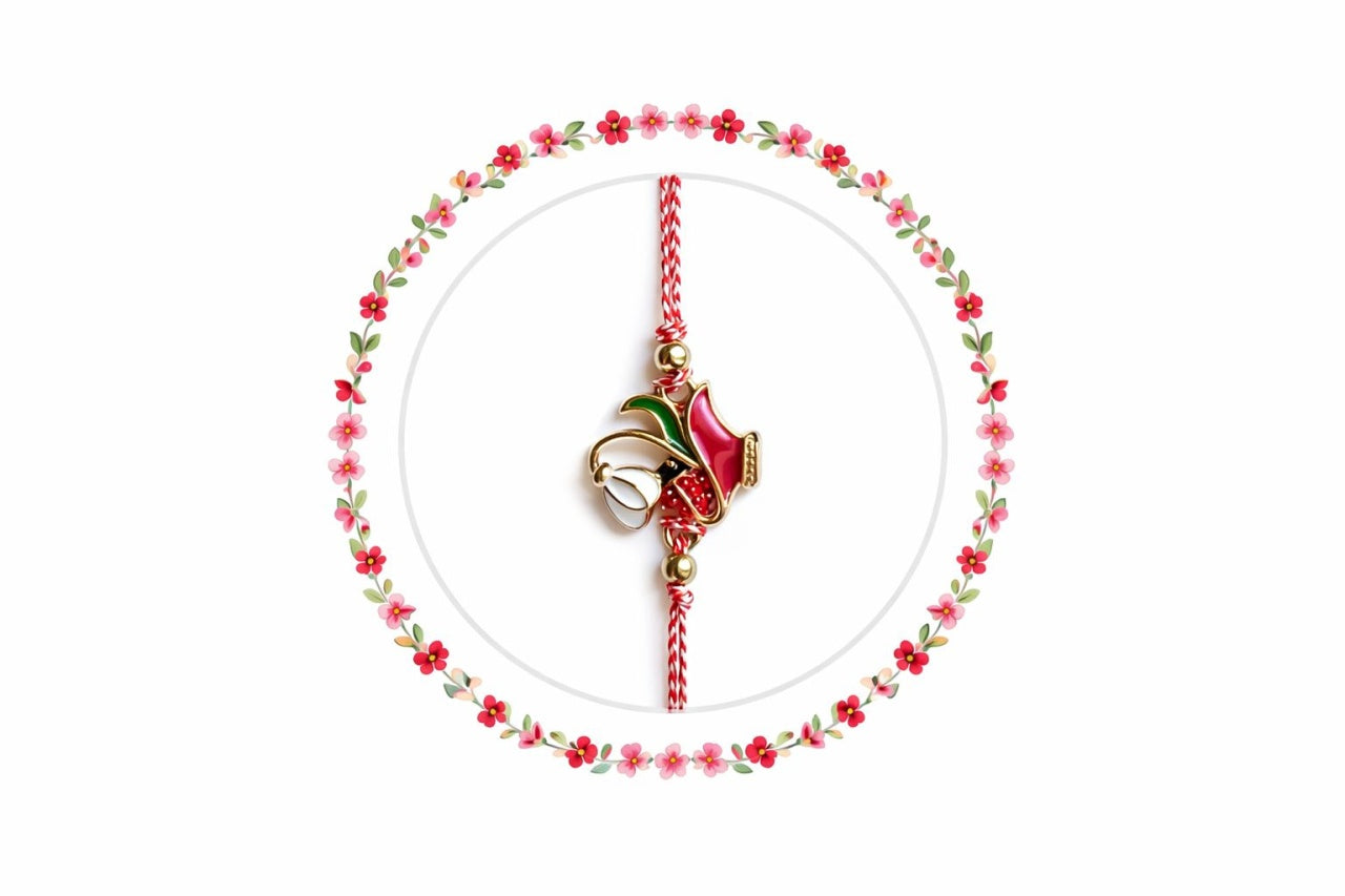 Set 12 bratari martisor cu vaza rosie, ghiocel si buburuza, snur reglabil rosu-alb