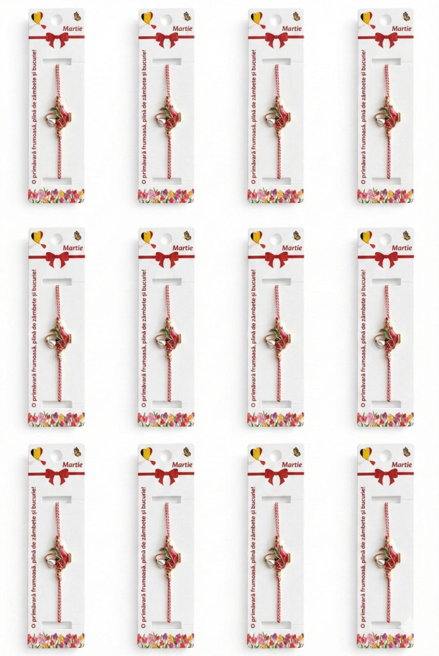 Set 12 bratari martisor cu vaza rosie, ghiocel si buburuza, snur reglabil rosu-alb