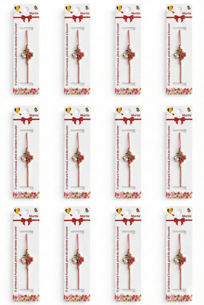 Set 12 bratari martisor cu vaza rosie, ghiocel si buburuza, snur reglabil rosu-alb