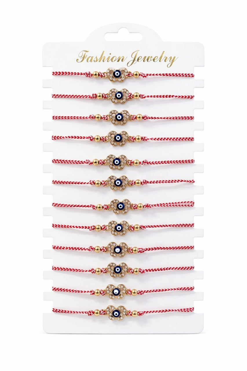 Set 12 bratari martisor fluture auriu cu strasuri si ochisor, snur alb rosu, 20x11cm