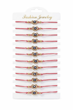 Set 12 bratari martisor fluture auriu cu strasuri si ochisor, snur alb rosu, 20x11cm