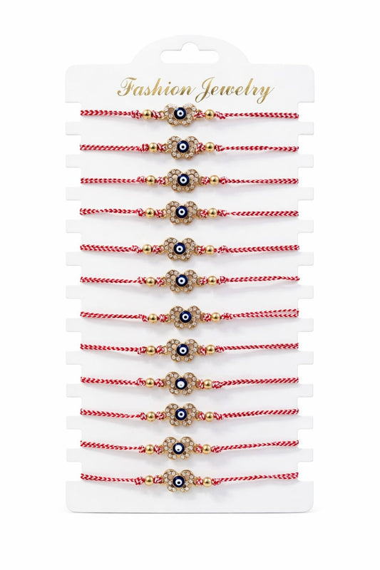 Set 12 bratari martisor fluture auriu cu strasuri si ochisor, snur alb rosu, 20x11cm