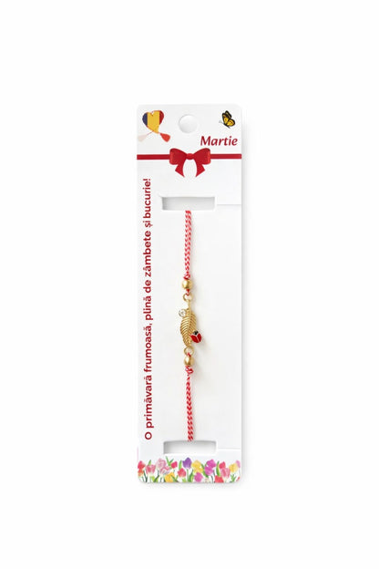 Set 12 Bratari Martisor Frunza Aurie cu Buburuza Snur Alb Rosu