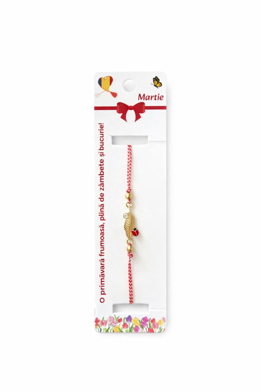 Set 12 Bratari Martisor Frunza Aurie cu Buburuza Snur Alb Rosu