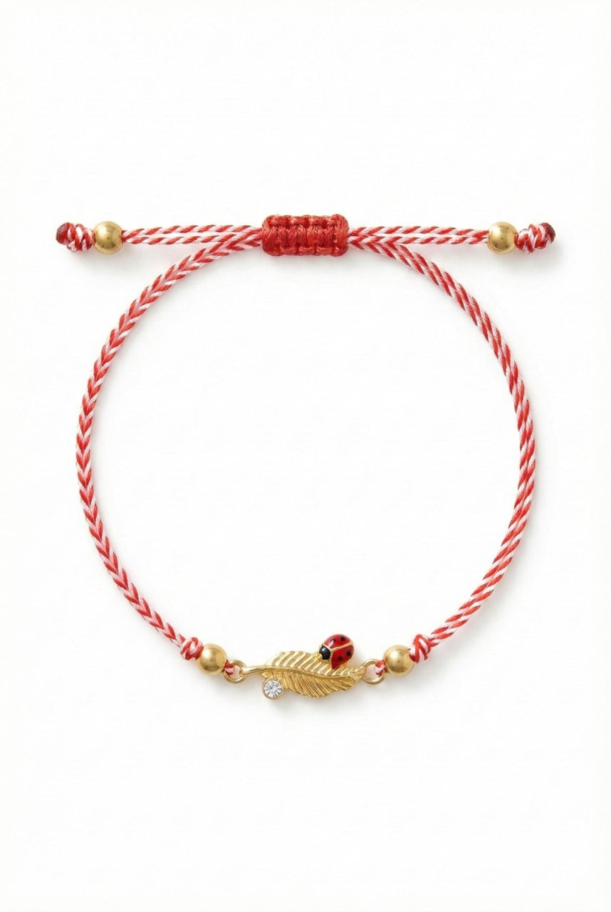 Set 12 Bratari Martisor Frunza Aurie cu Buburuza Snur Alb Rosu