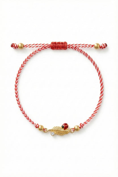 Set 12 Bratari Martisor Frunza Aurie cu Buburuza Snur Alb Rosu