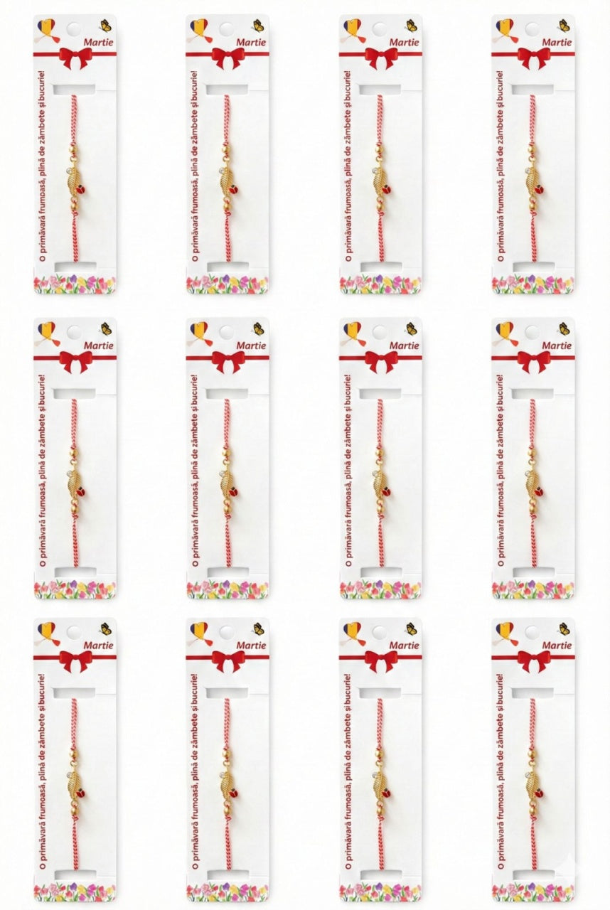 Set 12 Bratari Martisor Frunza Aurie cu Buburuza Snur Alb Rosu