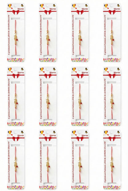 Set 12 Bratari Martisor Frunza Aurie cu Buburuza Snur Alb Rosu