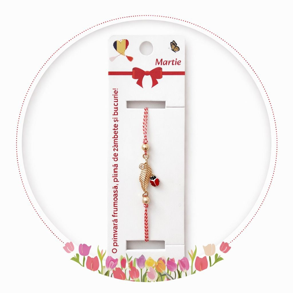 Set 12 Bratari Martisor Frunza Aurie cu Buburuza Snur Alb Rosu