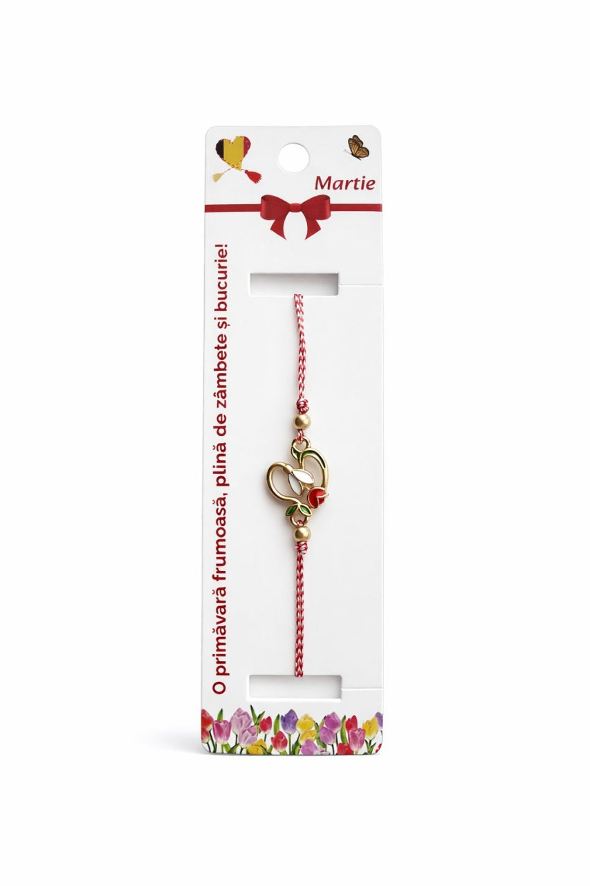 Set 12 Bratari Martisor Ghiocel cu boboc Rosu, simbol Norocos