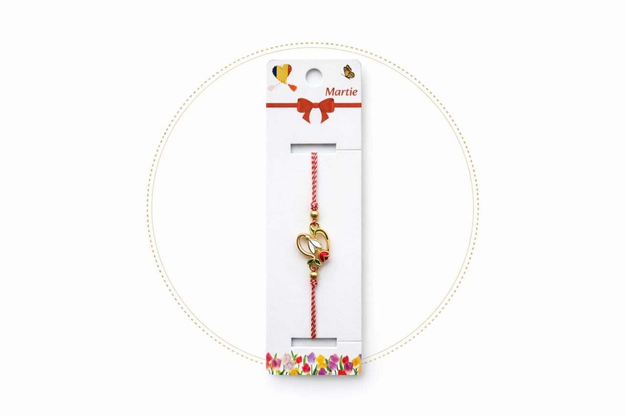 Set 12 Bratari Martisor Ghiocel cu boboc Rosu, simbol Norocos