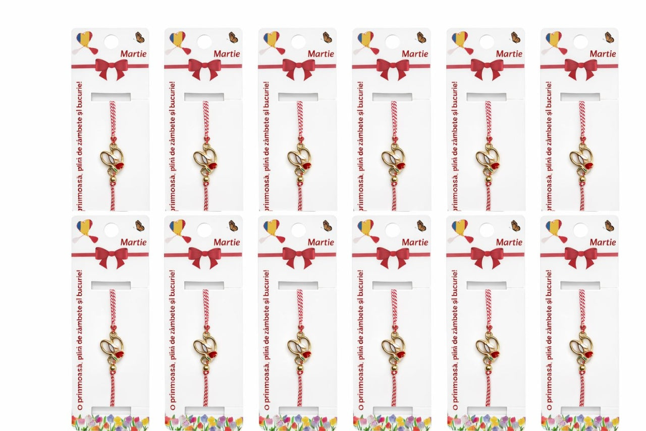 Set 12 Bratari Martisor Ghiocel cu boboc Rosu, simbol Norocos