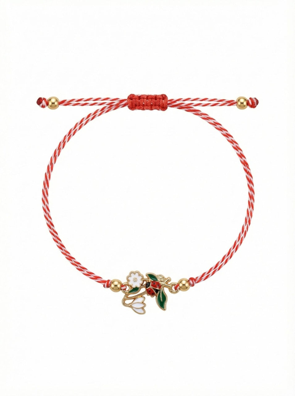 Set 12 Bratari Martisor Ghiocel cu Floare Alba si Buburuza, snur reglabil