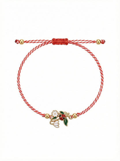 Set 12 Bratari Martisor Ghiocel cu Floare Alba si Buburuza, snur reglabil