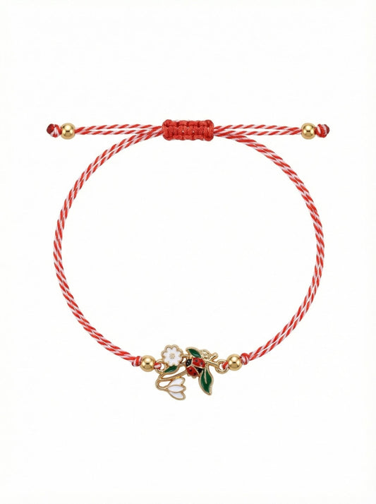 Set 12 Bratari Martisor Ghiocel cu Floare Alba si Buburuza, snur reglabil