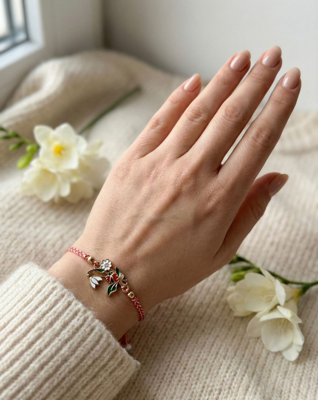 Set 12 Bratari Martisor Ghiocel cu Floare Alba si Buburuza, snur reglabil