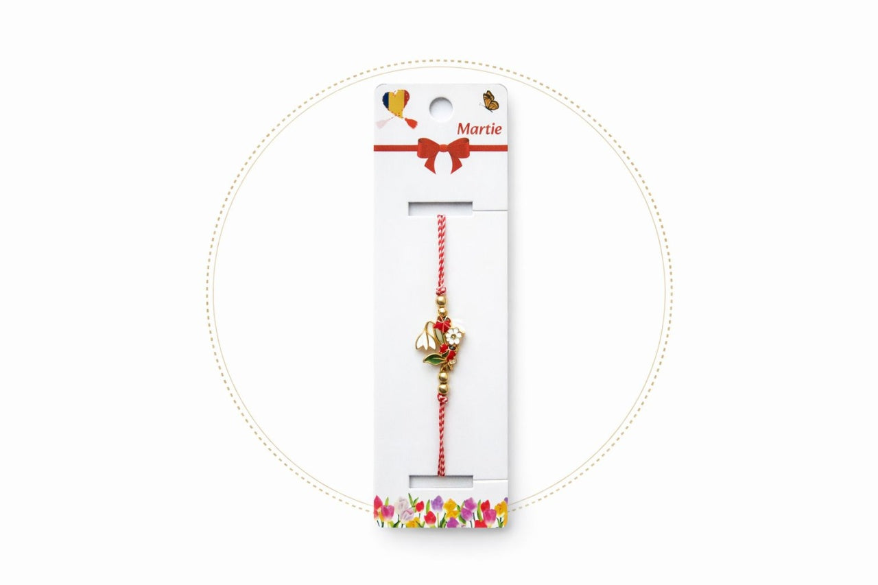 Set 12 Bratari Martisor Ghiocel cu Floare Alba si Buburuza, snur reglabil