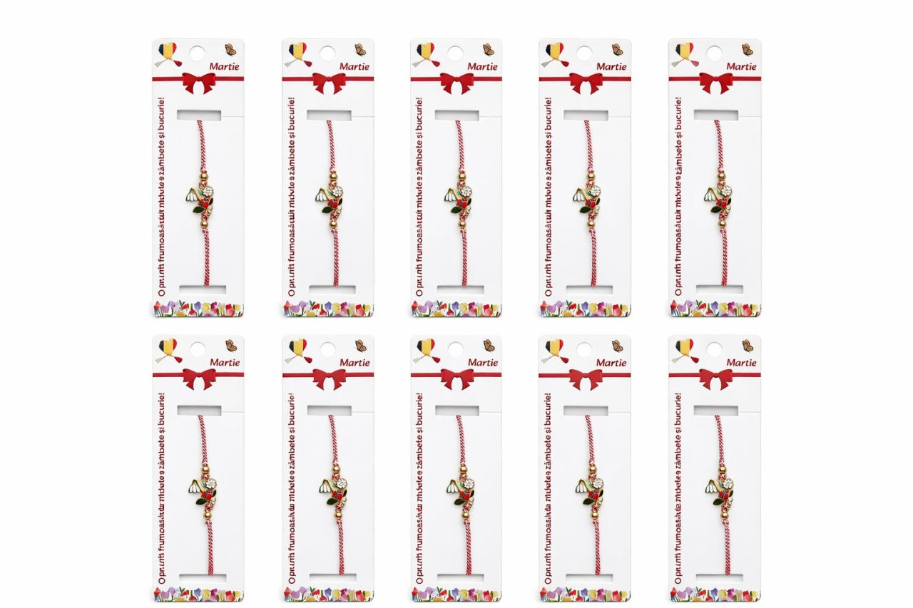 Set 12 Bratari Martisor Ghiocel cu Floare Alba si Buburuza, snur reglabil