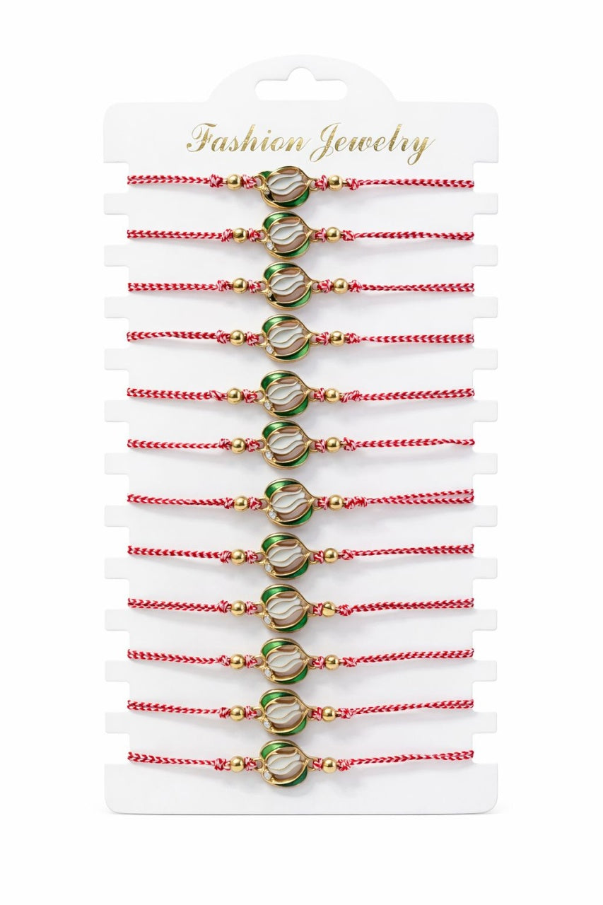 Set 12 bratari martisor lalea alba cu frunze si stras, snur alb rosu, 20x11cm