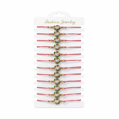 Set 12 bratari martisor lalea alba cu frunze si stras, snur alb rosu, 20x11cm