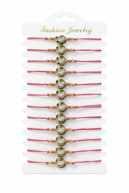 Set 12 bratari martisor lalea alba cu frunze si stras, snur alb rosu, 20x11cm