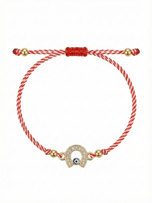 Set 12 Bratari Martisor Potcoava Aurie cu Strasuri si Ochisor Protector, Snur Rosu, 20x11 cm