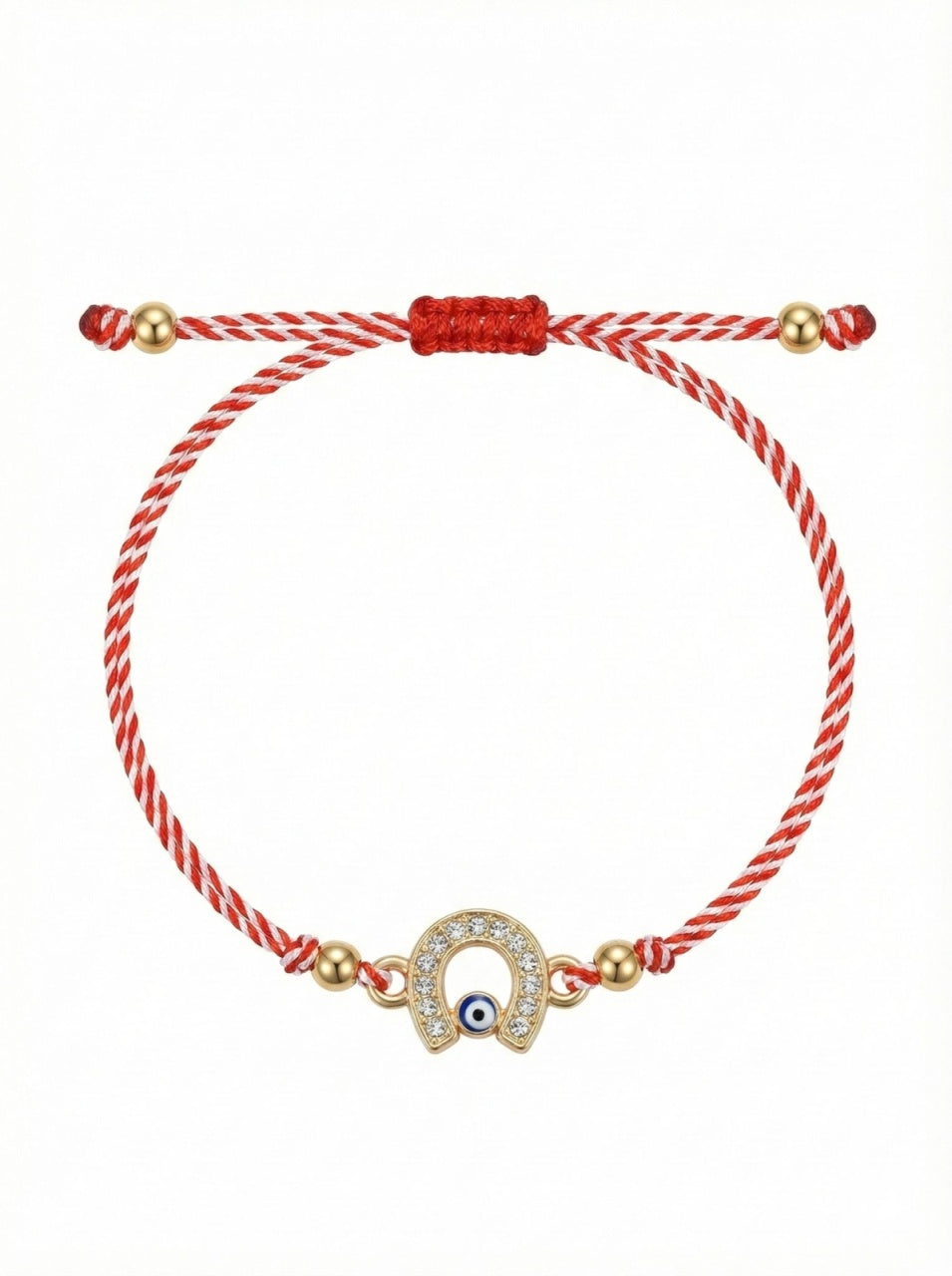 Set 12 Bratari Martisor Potcoava Aurie cu Strasuri si Ochisor Protector, Snur Rosu, 20x11 cm