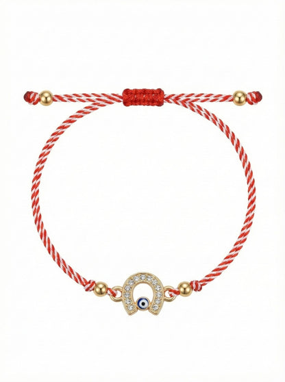 Set 12 Bratari Martisor Potcoava Aurie cu Strasuri si Ochisor Protector, Snur Rosu, 20x11 cm