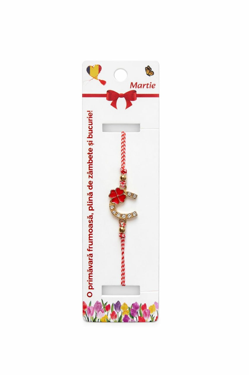 Set 12 Bratari Martisor Potcoava Aurie cu Trifoi Rosu Snur Alb Rosu reglabil