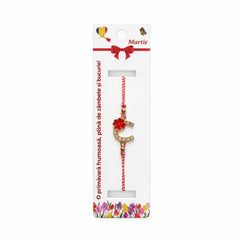 Set 12 Bratari Martisor Potcoava Aurie cu Trifoi Rosu Snur Alb Rosu reglabil