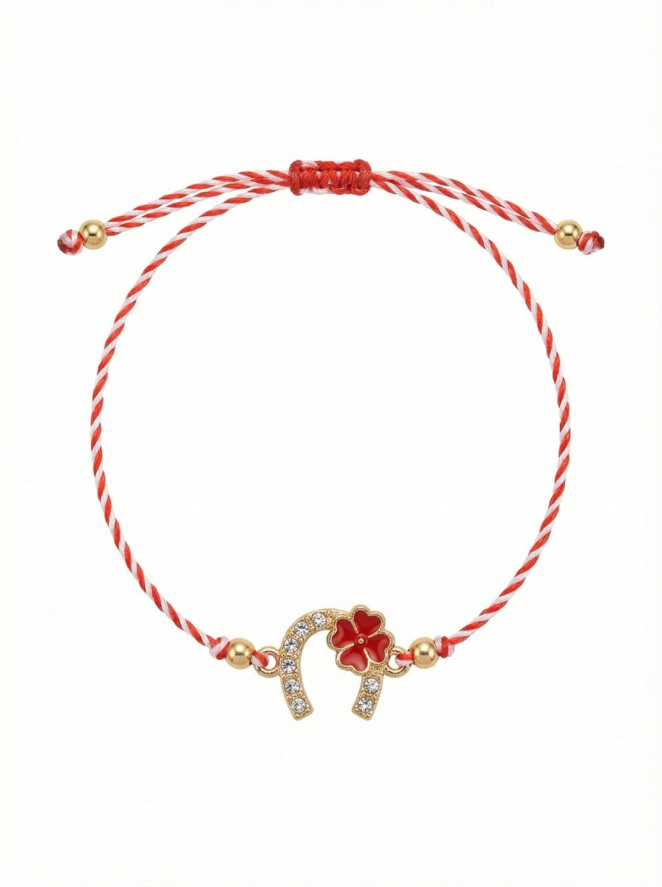 Set 12 Bratari Martisor Potcoava Aurie cu Trifoi Rosu Snur Alb Rosu reglabil