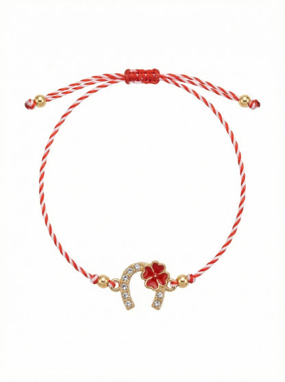 Set 12 Bratari Martisor Potcoava Aurie cu Trifoi Rosu Snur Alb Rosu reglabil