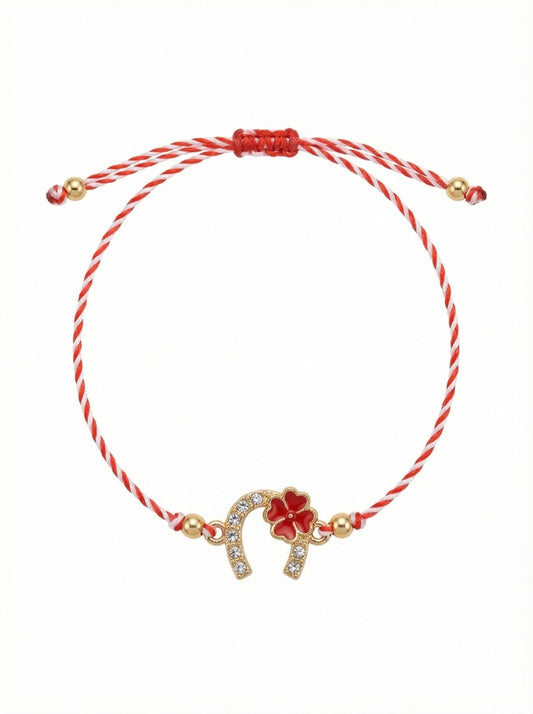 Set 12 Bratari Martisor Potcoava Aurie cu Trifoi Rosu Snur Alb Rosu reglabil