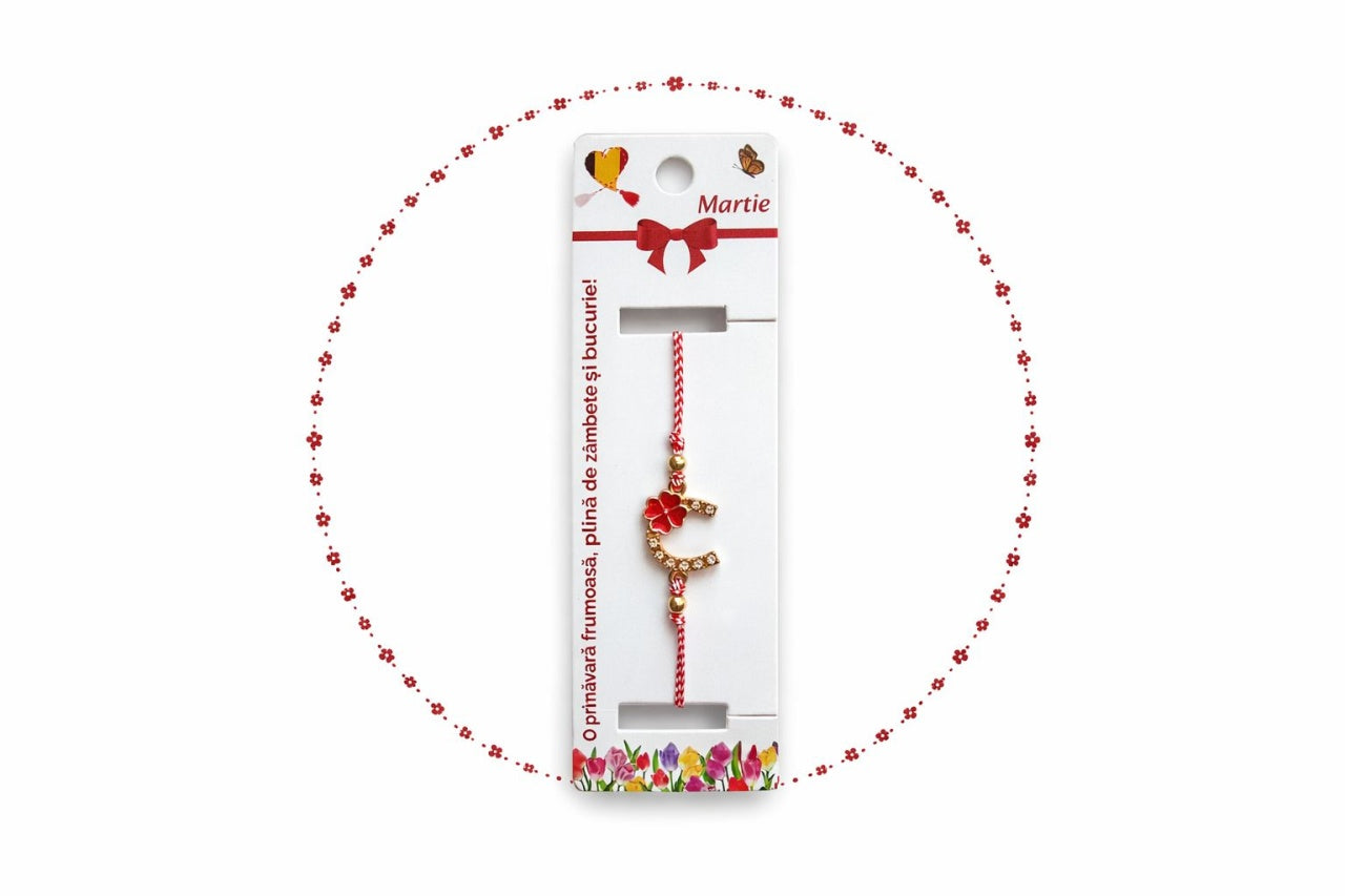 Set 12 Bratari Martisor Potcoava Aurie cu Trifoi Rosu Snur Alb Rosu reglabil