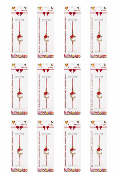 Set 12 Bratari Martisor Potcoava Aurie cu Trifoi Rosu Snur Alb Rosu reglabil